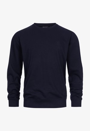 Sweatshirt bleu marine à manches longues, col rond, avec des poignets et un ourlet côtelés. Doté d'un logo discret sur la poitrine. Matière en coton doux.