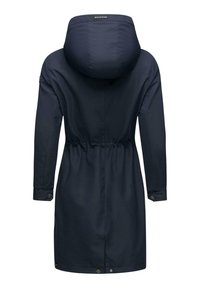 Mörkblå, huva jacka med insvängd midja, långa ärmar och knäppte ärmslut. Slät, hållbar tyg med minimalistisk design.