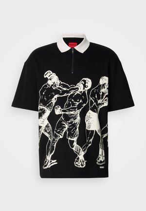 Black short-sleeve polo shirt with white collar and zipper, featuring white graphic of three boxers fighting on the front.
