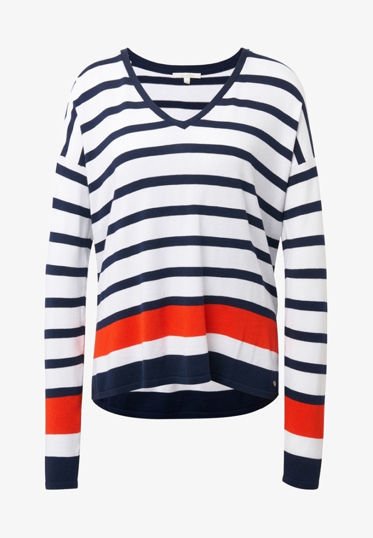 Pull blanc à manches longues en V avec des rayures horizontales bleu marine et une bande orange audacieuse près de l'ourlet et des poignets.