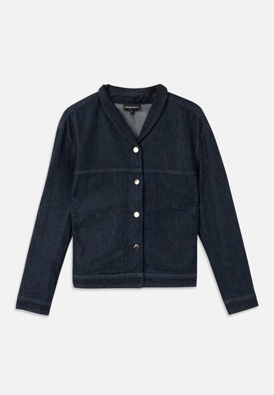 Dark blue denim jacket with long sleeves, round collar, and four silver snap buttons down the front.