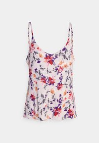 Blommig tanktop i lätt tyg. Har rosa, orange och lila blommor på en krämfärgad bakgrund. Spaghettistölpar och en rundad halsringning.