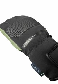 Black gloves with green accents, made of softshell material. Features textured grip on the palm and stitched detailing on the wrist area.