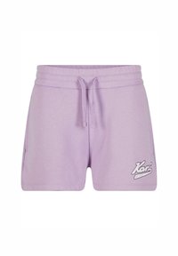 Ljuslila bomullsshorts med elastisk midjeband, dragsko-stängning, sidfickor och en vit logotyp tryckt vid nederkanten.