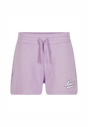 Jasnofioletowe bawełniane szorty z elastyczną talią, sznurkiem do regulacji, bocznymi kieszeniami oraz białym logo nadrukowanym na dolnej krawędzi.