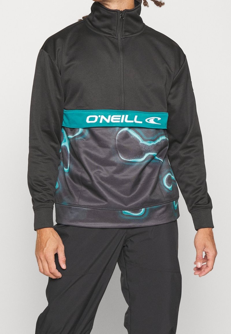 Veste zippée noire avec une bande turquoise portant le logo "O'Neill" et un motif abstrait en gris et accents turquoise, confectionnée en tissu lisse.
