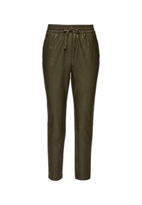 Pantalons de jogging vert olive en simili cuir, dotés d'une taille élastique avec cordon de serrage, d'une coupe fuselée et de coutures latérales.