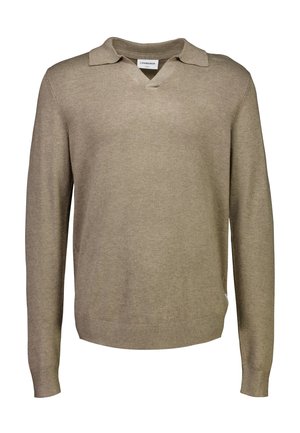 Jasnobrązowy sweter z długim rękawem w serek z kołnierzykiem, prążkowanymi mankietami i dołem, oznaczony marką Lindbergh, o dopasowanym kroju.