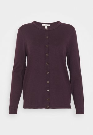 Maroon cardigan with long sleeves, round neck, and button front. Features ribbed cuffs and hem, crafted from soft, lightweight fabric.