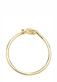 Goldener Metallring mit glatter, polierter Oberfläche und einem einfachen Knoten-Detail am Band. Das Design ist minimalistisch und elegant.