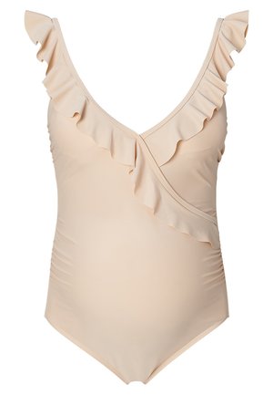 Beige one-piece graviditetssvømmetøj med flæser ved V-halsen og skulderremme, designet til komfort og stil under graviditeten.