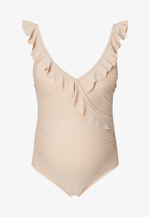 Beige one-piece maternity swimsuit with ruffled V-neckline and shoulder straps, designed for comfort and style during pregnancy.