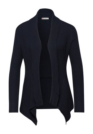 Zwarte geribde gebreide cardigan met lange mouwen en een open voorkant, met een asymmetrische zoom die aan de zijkanten langer valt.