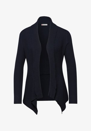 Zwarte geribde gebreide cardigan met lange mouwen en een open voorkant, met een asymmetrische zoom die aan de zijkanten langer valt.