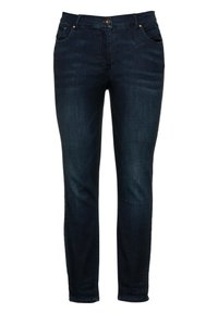 Jeans de denim azul oscuro con corte slim, que cuentan con cinco bolsillos, cierre de botón y un desgaste sutil en los muslos.