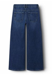 Pantalons en denim à jambes larges bleu foncé, dotés d'une taille haute, de deux poches arrière et d'une texture lisse avec des coutures renforcées.