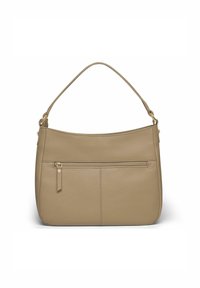 Beige Lederhandtasche mit strukturierter Form, einem oberen Tragegriff, einer vorderen Reißverschlusstasche und einer subtilen strukturierten Oberfläche. Goldfarbene Hardware-Akzente sind sichtbar.
