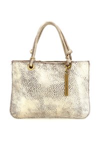 Borsa a mano metallica dorata di piccole dimensioni con due manici e un'etichetta dorata appesa con la scritta "CATERINA LUCCHI."