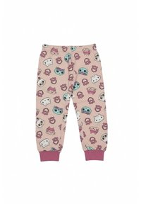 Pantalon rose pour enfants avec poignets élastiques, présentant un motif de visages de chats colorés et d'empreintes de pattes en nuances de blanc, bleu et violet.