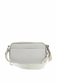 Borsa a tracolla rettangolare in tessuto grigio chiaro con superficie testurizzata, dotata di una chiusura zip e di una tracolla regolabile.