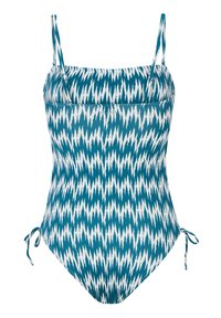 Teal ir baltos zigzago rašto vientisas maudymosi kostiumėlis, su reguliuojamomis petnešėlėmis ir užrišamais šonais. Pagamintas iš tekstūruotos medžiagos.