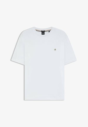 White short-sleeve T-shirt made of cotton. Features a round neckline and a small logo detail on the chest. Smooth texture.