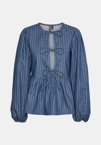 Μπλε ριγέ τζιν μπλούζα με στρογγυλή λαιμόκοψη, φουσκωμένα μακριά μανίκια και δέσιμο μπροστά με κορδόνια στη μέση.