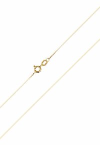 Goldene Kettenhalskette mit einer glatten, flachen Oberfläche, ausgestattet mit einem Karabinerhaken für einen sicheren Verschluss. Länge und Breite sind nicht angegeben.