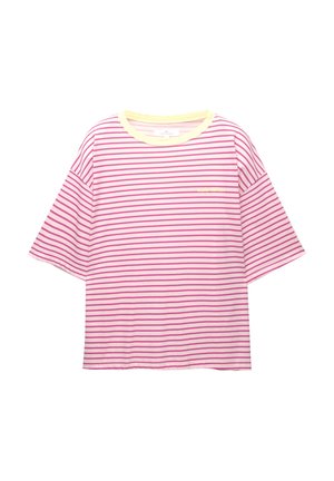 Striped short-sleeve t-shirt in pink and white with a yellow neckline. Features a left chest print and a relaxed, boxy shape.