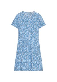 Blå blommig klänning med korta ärmar, rund halsringning och elastisk midja. Tyget har ett vitt blommönster.