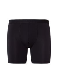 Svarta boxerkalsonger tillverkade av ett mjukt, töjbart tyg. Har en mjuk, märkesad elastisk midjeband och en stödjande design för framstycket.