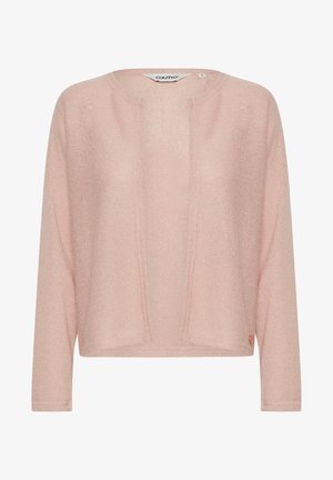 Light pink sweater with long sleeves, a rounded neckline, and a loose fit. Made from soft, textured fabric with subtle pattern details.