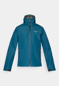 Τιρκουάζ αδιάβροχο μπουφάν με καλοσχηματισμένη κουκούλα, μπροστινό φερμουάρ και δύο πλαϊνές τσέπες. Περιλαμβάνει μαύρες λεπτομέρειες και λογότυπο στο στήθος.