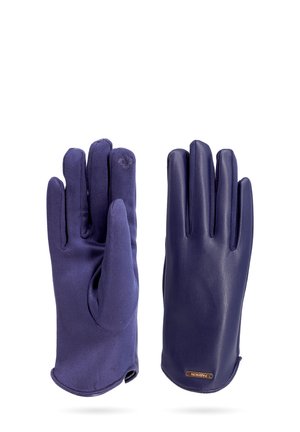 Guanti blu navy realizzati in una combinazione di tessuto morbido e pelle, con cinque dita e un polsino arrotondato. È visibile un piccolo accento hardware.
