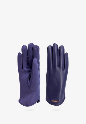 Guanti blu navy realizzati in una combinazione di tessuto morbido e pelle, con cinque dita e un polsino arrotondato. È visibile un piccolo accento hardware.
