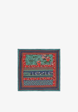 Quadratisches Tuch mit floralen und geometrischen Mustern in Rot, Türkis, Blau und Grün, mit einem mehrschichtigen Randdesign.