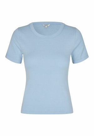 Hellblaues, kurzärmeliges, geripptes Strick-T-Shirt mit Rundhalsausschnitt und figurbetonter Silhouette, Größe S, auf weißem Hintergrund dargestellt.