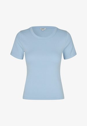 Hellblaues, kurzärmeliges, geripptes Strick-T-Shirt mit Rundhalsausschnitt und figurbetonter Silhouette, Größe S, auf weißem Hintergrund dargestellt.