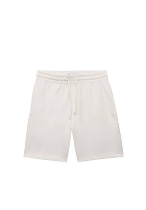 White cotton shorts with a drawstring waistband, featuring side pockets and a smooth texture. Classic straight cut and knee-length design.