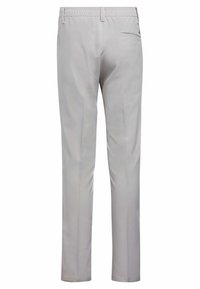 Lichtgrijze broek gemaakt van een gladde, rekbare stof; heeft een elastische tailleband en een enkele achterzak. Slank, recht model.