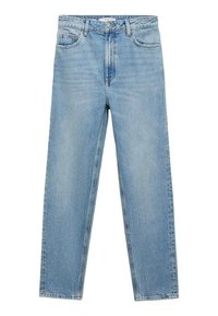 Jean bleu clair à jambes droites avec poches devant, passants de ceinture, fermeture par bouton et fermeture éclair.