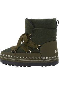 Olijfgroene winterlaars met een stoffen bovenkant, vetersluiting aan de voorkant, rubberen zool en decoratieve witte stiksels rondom de basis.