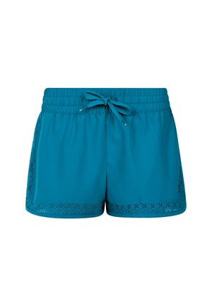 Teal korte broek met een elastische tailleband en trekkoord. Bevat kantafwerking aan de zijkanten, gemaakt van zacht, lichtgewicht materiaal.