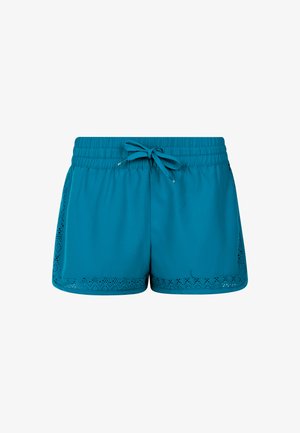 Teal shorts with an elastic waistband and drawstring. Features lace trim on the sides, made from soft, lightweight material.
