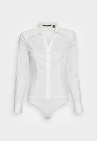 Witte lange mouwen shirt met een diepe V-hals, knoopsluiting en bodysuit onderkant. Gemaakt van gladde stof met een subtiele textuur.