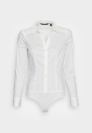 Witte lange mouwen shirt met een diepe V-hals, knoopsluiting en bodysuit onderkant. Gemaakt van gladde stof met een subtiele textuur.