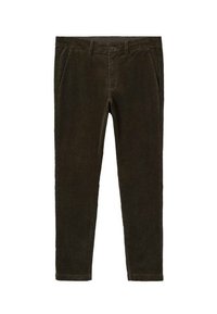 Pantalon en velours côtelé marron foncé avec poches avant, passants pour ceinture et fermeture par bouton, présenté à plat sur fond blanc.