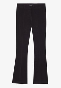 Black flared trousers made of soft fabric, featuring a smooth texture, fitted waist, and front crease detail. Suitable for various occasions.