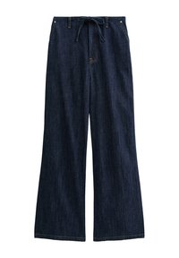 Pantalons en denim à jambes larges de couleur bleu foncé, avec une taille à cordon de serrage et des détails de couture subtils. Le matériau présente une finition lisse et légèrement texturée.