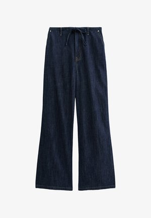 Wide-leg denim pants in dark blue, featuring a drawstring waist and subtle stitching details. Material shows a smooth, slightly textured finish.